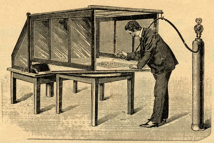 Historische Illustration eines Krautzberger Absaugtischs