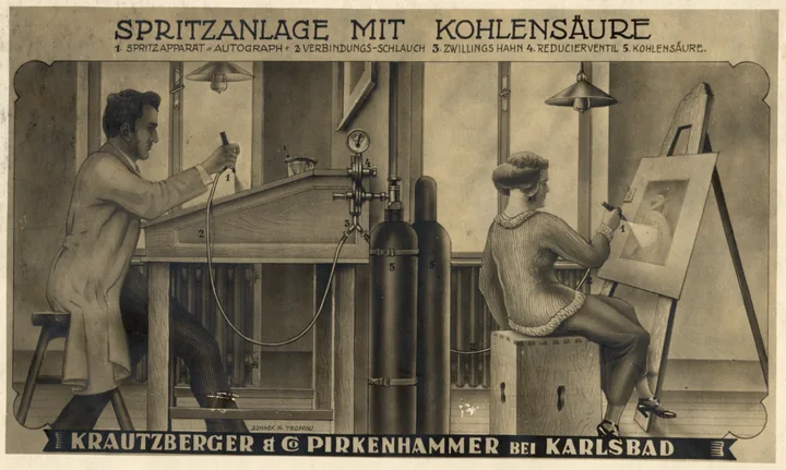 Historische Krautzberger Illustration einer Spritzanlage mit Kohlensäure