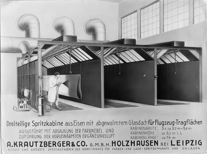 Historische Krautzberger Werbung für eine abgesaugte Spritzkabine