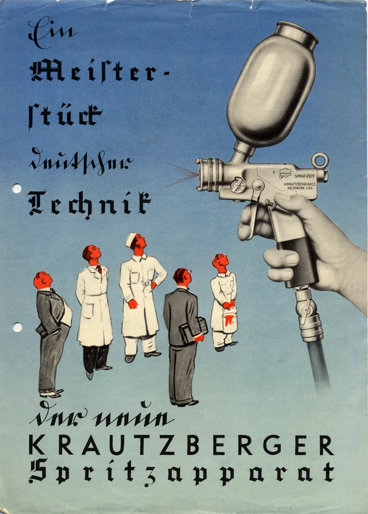 Historische farbige Krautzberger Broschüre mit Spritzapparat und verschiedenen Berufsgruppen