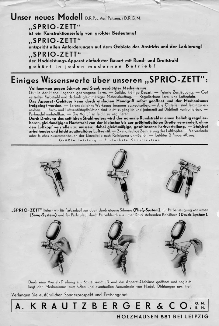 Historische Krautzberger Broschürenrückseite mit verschiedenen Spritzapparaten