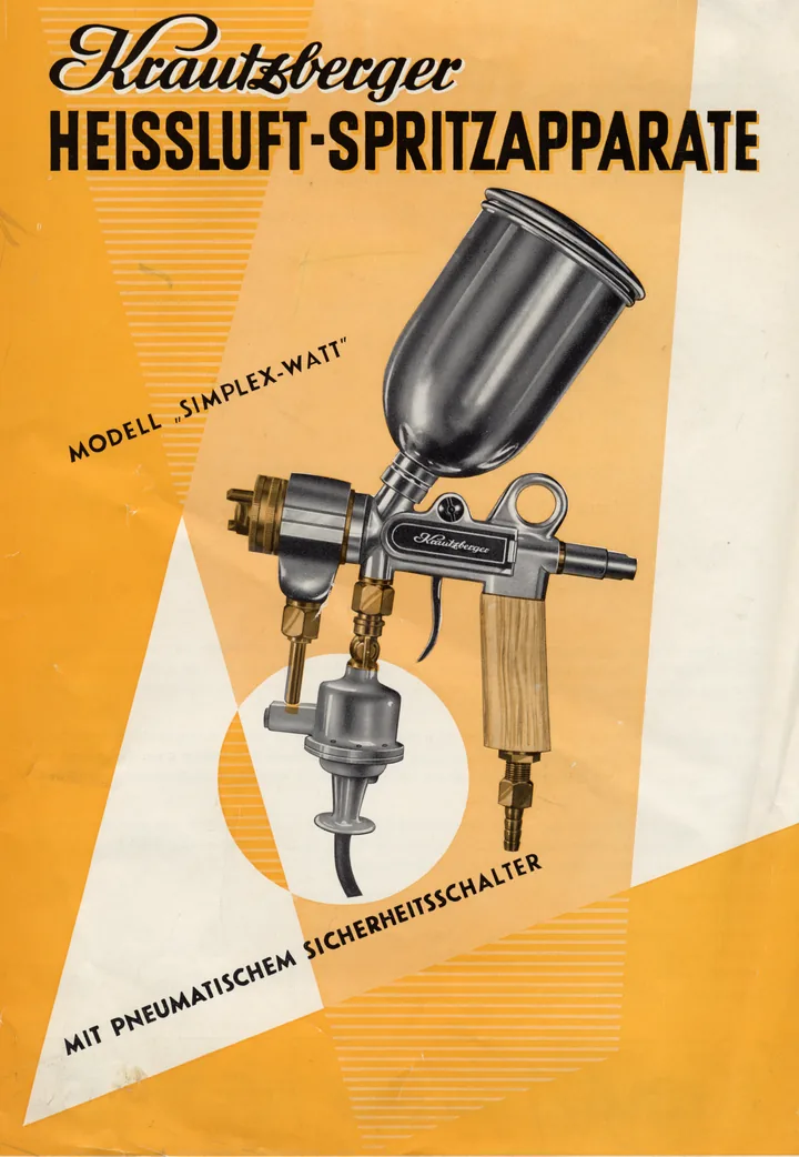 Historische orangefarbene Krautzberger Werbung für einen Heißluft-Spritzapparat