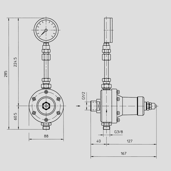 Materialdruckregler, Edelstahl mit Staurohr und Manometer, pneumatisch steuerbar, Übersetzungsverhältnis 1:1