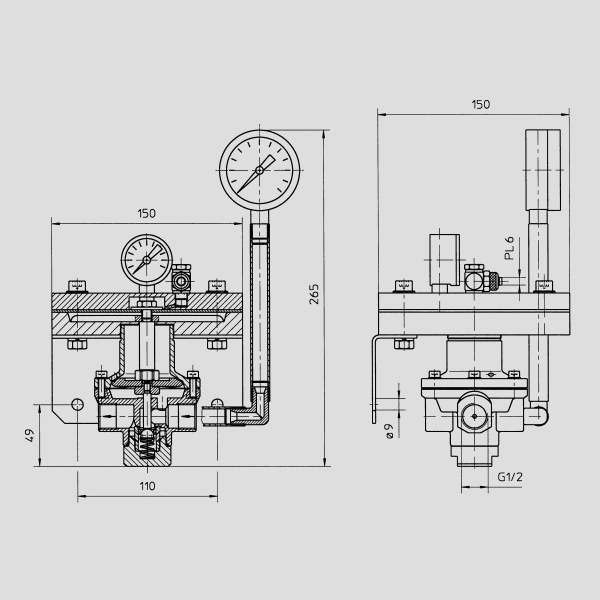 Materialdruckregler, pneumatisch steuerbar, mit Staurohr und Manometer