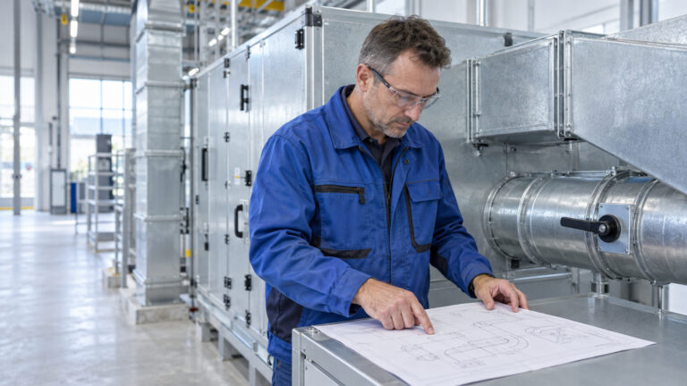 Lüftungs- und Klimatechniker prüft einen technischen Anlagenplan neben einer industriellen Lüftungsanlage.